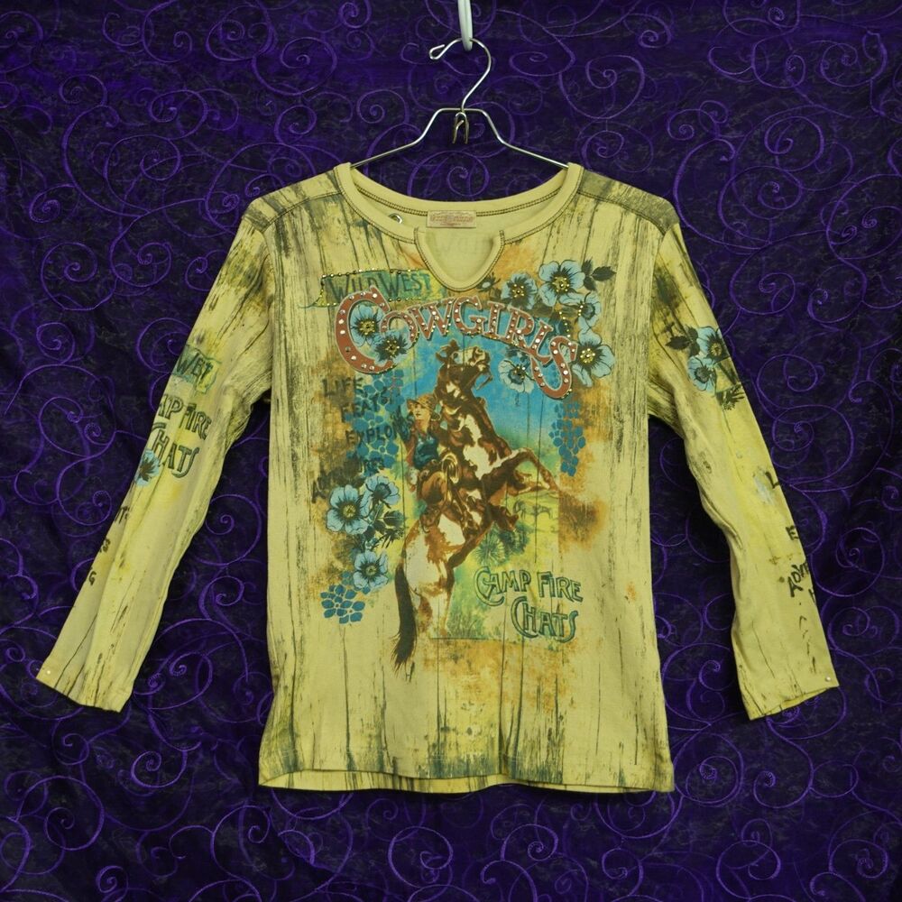 Skinny Minnie Womens Y2K Cowgirl Western Retro Style Wood Floral Shabby Chic Top